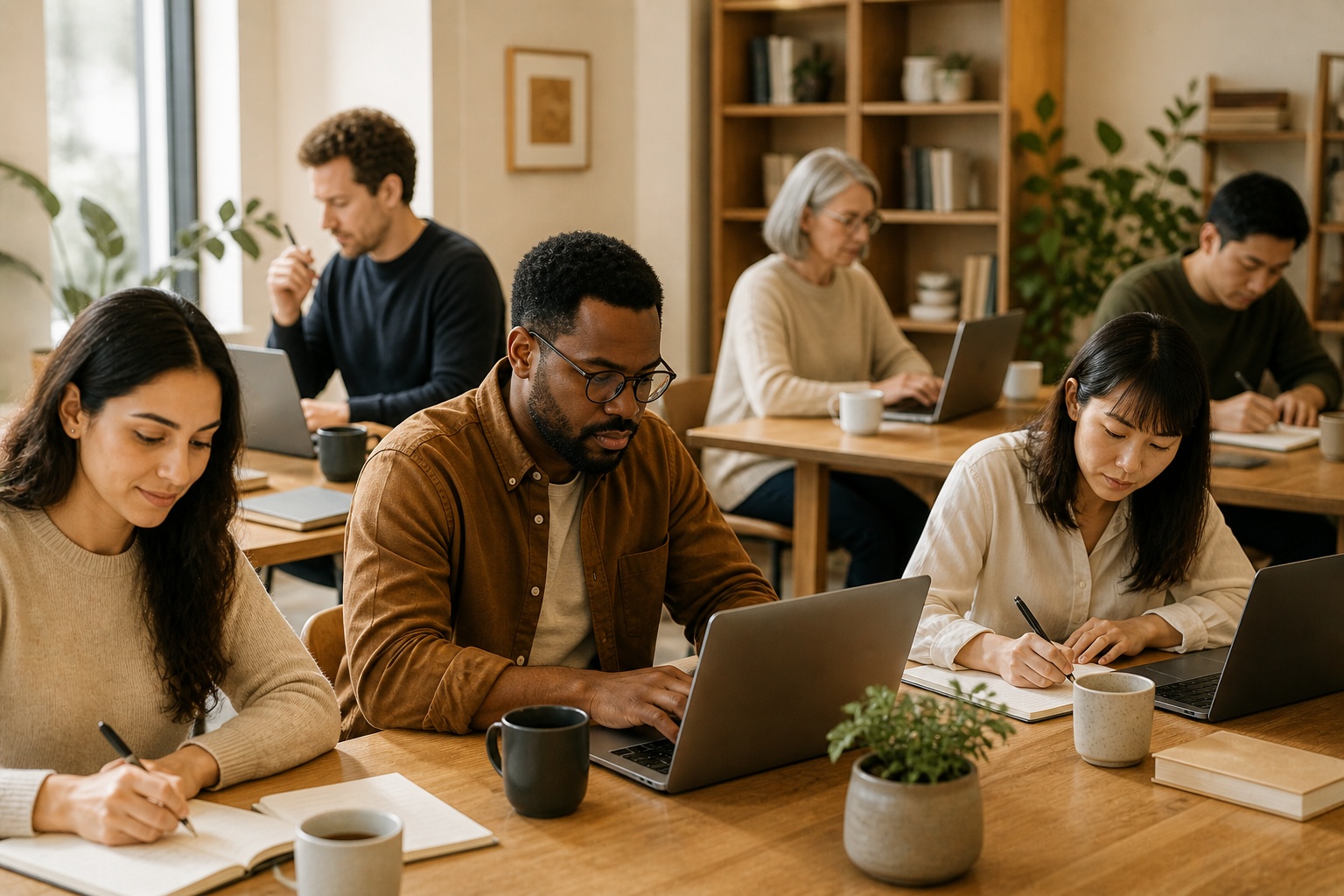 Candid professionals writing at desks