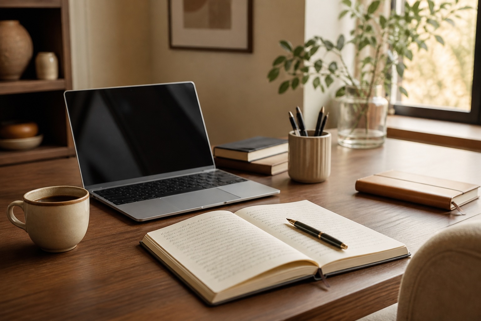 A warm modern desk with laptop and notebook